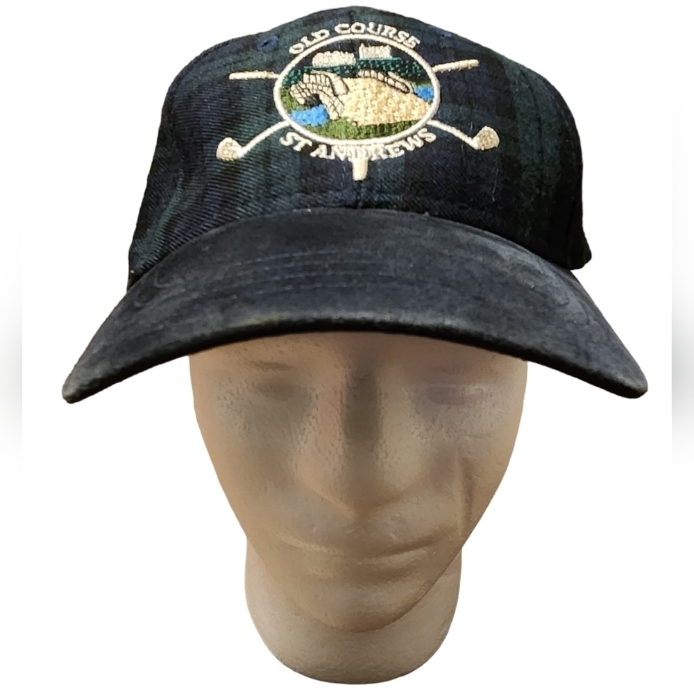 Vtg HTF Old Course St Andrews Gold Hat Green & Blue Plaid With Blue Suede Brim
